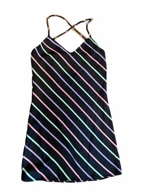 Wayf Small Black Cross Back Slip Dress with Pink Purple Mint Green Stripes